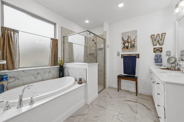 full bathroom with recessed lighting, vanity, marble finish floor, a bath, and a stall shower