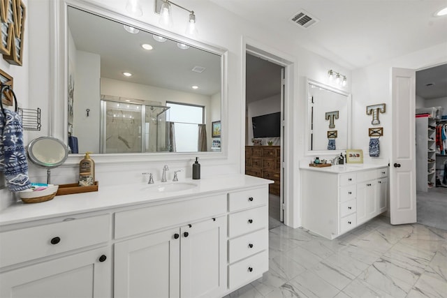 full bath with recessed lighting, vanity, visible vents, marble finish floor, and a shower stall