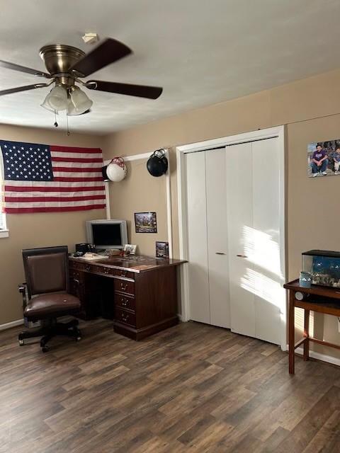 909 Harwell St, Abilene, TX 79601 - office area featuring a ceiling fan and dark wood finished floors