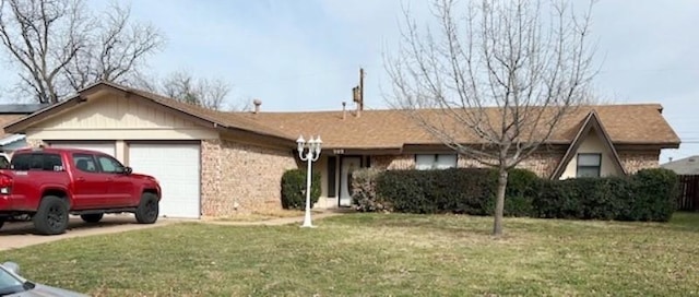 single story home featuring a garage, driveway, and a front yard