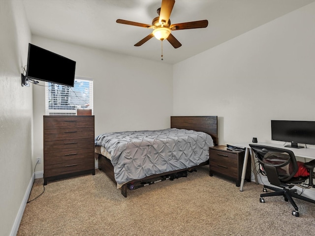 bedroom featuring baseboards, carpet floors, and ceiling fan