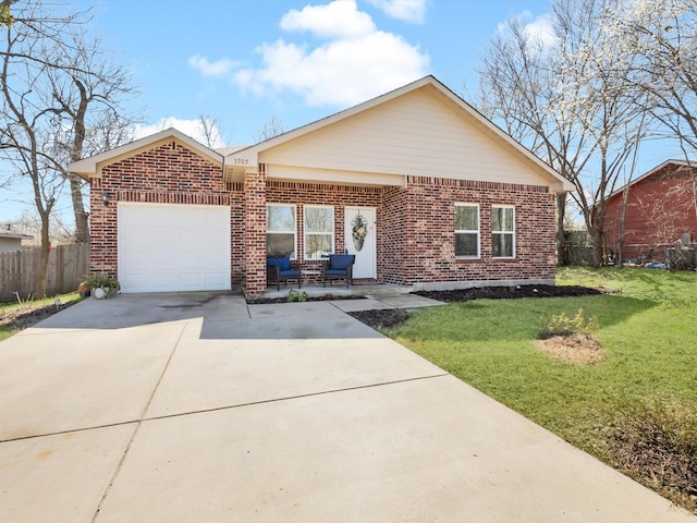 single story home featuring driveway, a front lawn, fence, a garage, and brick siding