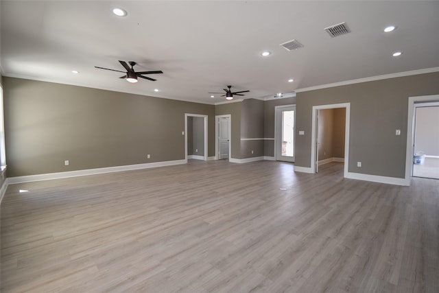 unfurnished room featuring visible vents, crown molding, baseboards, recessed lighting, and light wood-style flooring