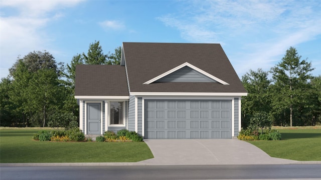 view of front of property with an attached garage, a front lawn, and concrete driveway