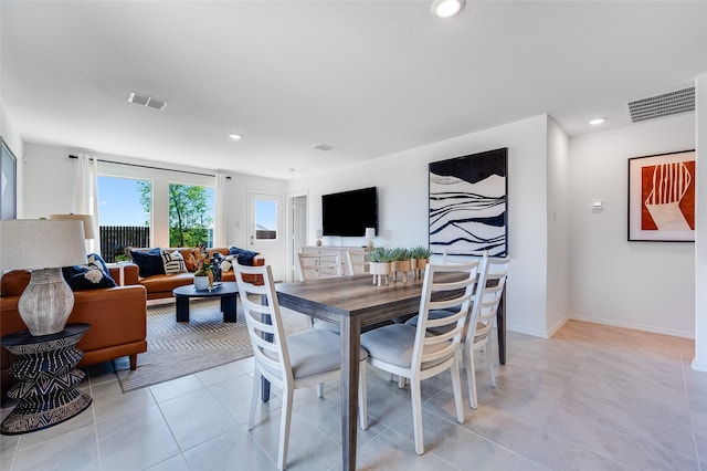 dining area featuring recessed lighting, visible vents, baseboards, and light tile patterned floors