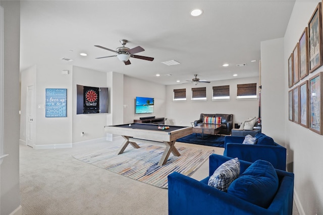 recreation room featuring recessed lighting, carpet floors, billiards, visible vents, and baseboards