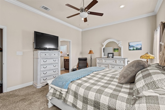 bedroom featuring light colored carpet, visible vents, ornamental molding, ceiling fan, and baseboards