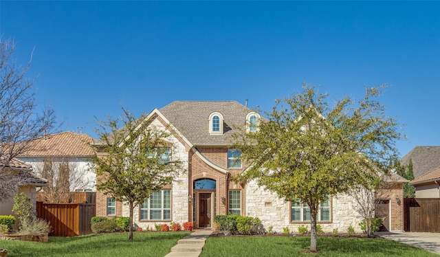 view of front of home featuring brick siding, stone siding, a front lawn, and fence