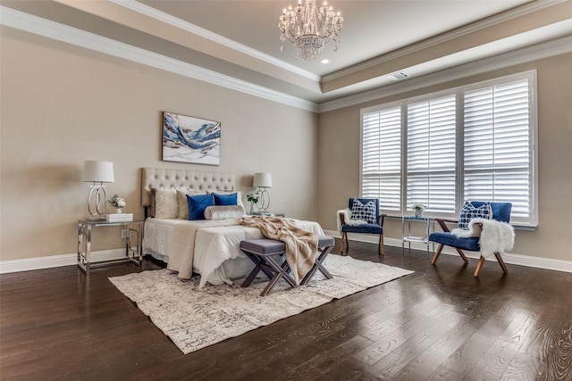6005 Monte Cristo Ln, Plano, TX 75024 - bedroom featuring multiple windows, dark wood finished floors, a chandelier, baseboards, and ornamental molding