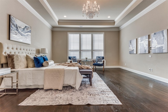 6005 Monte Cristo Ln, Plano, TX 75024 - bedroom featuring a tray ceiling, a chandelier, dark wood-type flooring, and crown molding