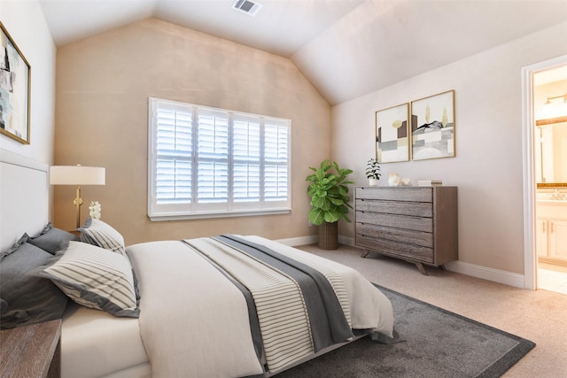 6005 Monte Cristo Ln, Plano, TX 75024 - bedroom with vaulted ceiling, carpet flooring, ensuite bathroom, and baseboards