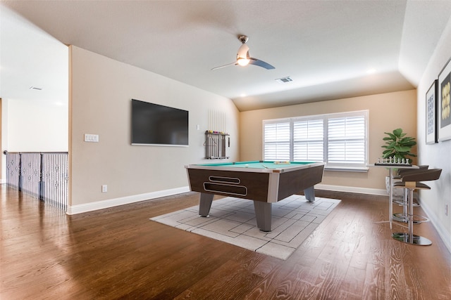 6005 Monte Cristo Ln, Plano, TX 75024 - rec room with wood finished floors, ceiling fan, billiards, baseboards, and lofted ceiling