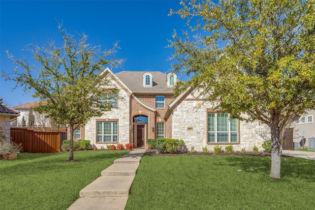 traditional-style home featuring brick siding, stone siding, a front lawn, and fence