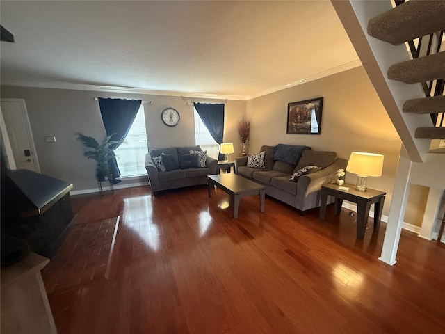 living room featuring crown molding, baseboards, and dark wood-style flooring