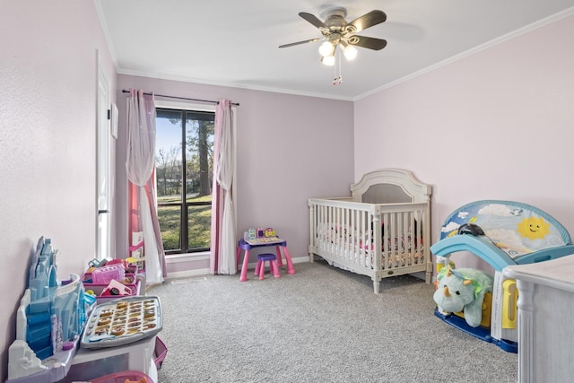 bedroom featuring ceiling fan, ornamental molding, carpet, and baseboards