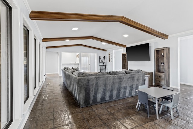 living room with crown molding, vaulted ceiling with beams, visible vents, stone finish floor, and baseboards