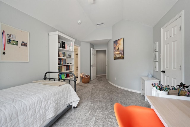 carpeted bedroom with vaulted ceiling, visible vents, and baseboards