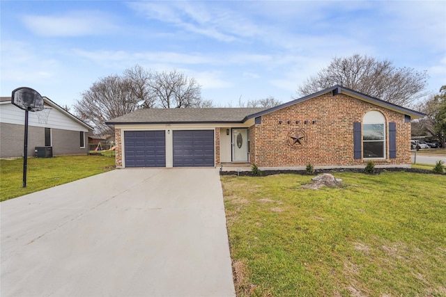 single story home featuring an attached garage, cooling unit, brick siding, concrete driveway, and a front lawn