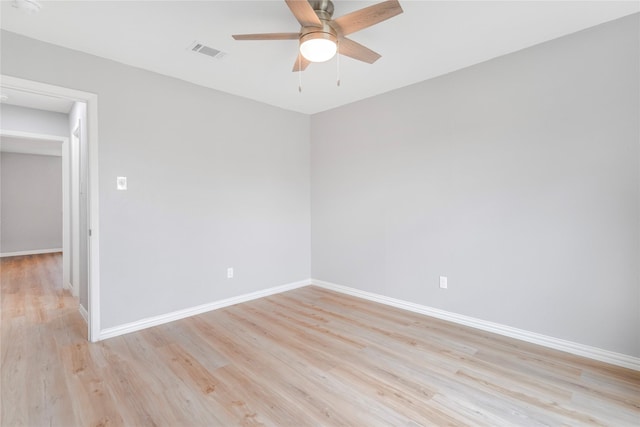 unfurnished room with baseboards, visible vents, ceiling fan, and light wood finished floors