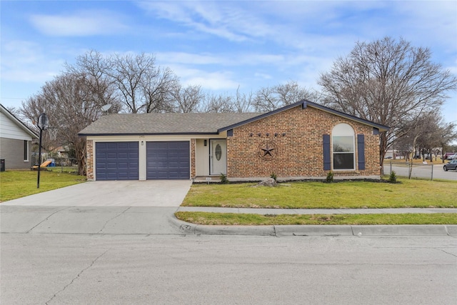 view of front of house featuring brick siding, a shingled roof, concrete driveway, a front yard, and a garage