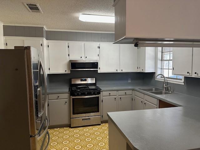 kitchen with appliances with stainless steel finishes, visible vents, a sink, and white cabinetry