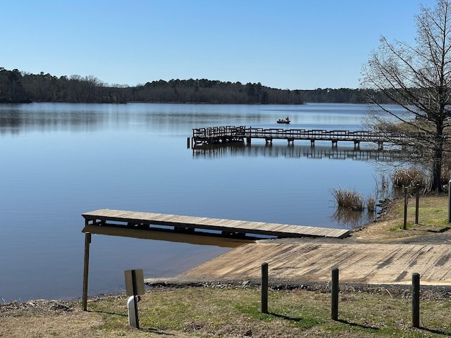 view of dock with a water view and a wooded view