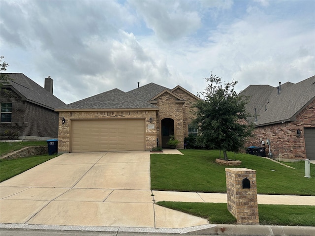 french country style house featuring an attached garage, a front lawn, concrete driveway, and brick siding