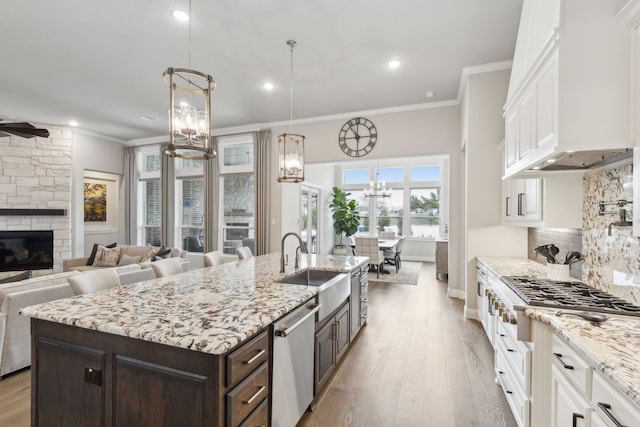 kitchen featuring stainless steel appliances, a sink, white cabinetry, and dark brown cabinetry