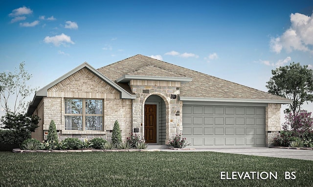 view of front of house with a garage, stone siding, concrete driveway, roof with shingles, and a front lawn