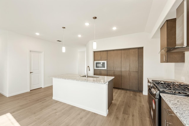 kitchen with light stone countertops, light wood-style flooring, wall chimney range hood, a sink, and stainless steel appliances