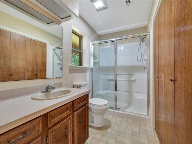 full bath with visible vents, toilet, a shower stall, and vanity