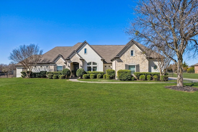 french country style house with stone siding and a front yard