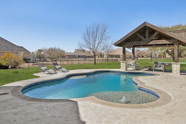 view of pool with a fenced in pool, a patio, a lawn, a gazebo, and a fenced backyard