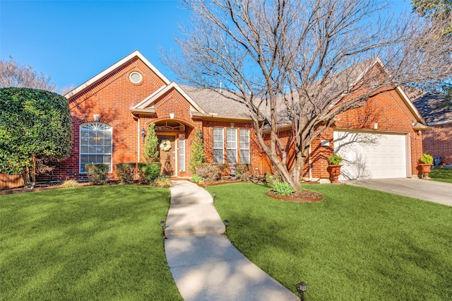 ranch-style house featuring a garage, concrete driveway, brick siding, and a front lawn