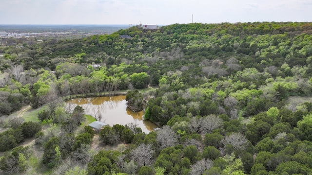 bird's eye view with a water view and a wooded view