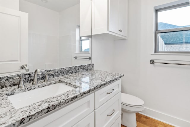 bathroom featuring toilet, vanity, baseboards, and wood finished floors