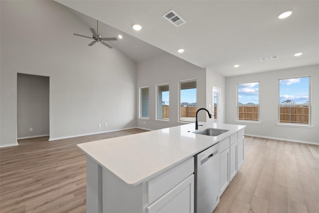 kitchen with a sink, visible vents, open floor plan, and stainless steel dishwasher