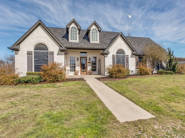 view of front of house with a shingled roof, a front lawn, and brick siding