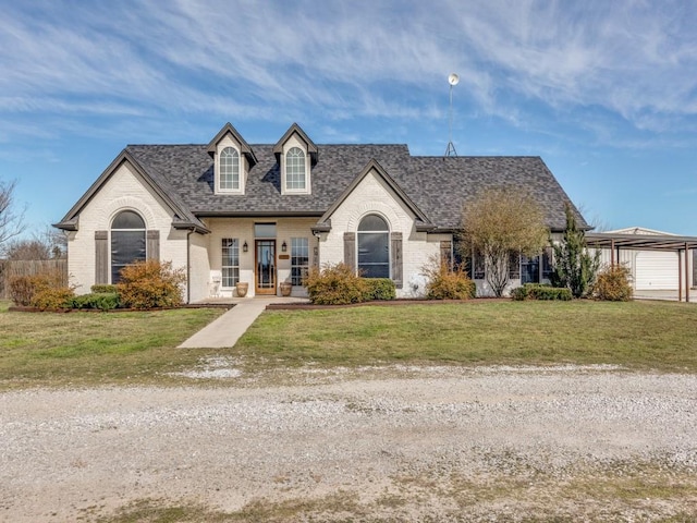 view of front of house featuring brick siding, a front yard, and a shingled roof