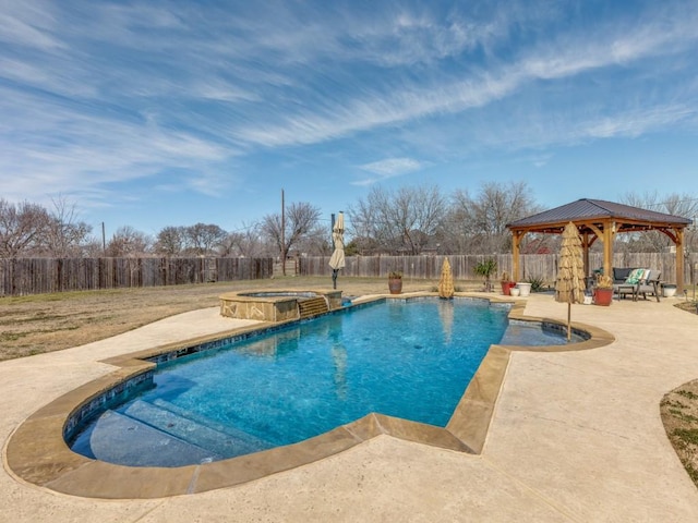 view of pool featuring a gazebo, a patio, a fenced in pool, and an in ground hot tub