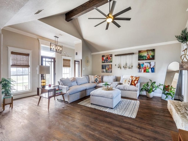 living room with beam ceiling, visible vents, ornamental molding, wood finished floors, and baseboards