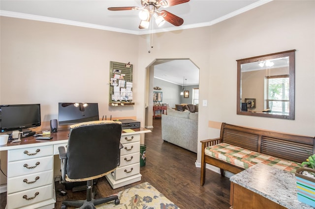 office featuring arched walkways, ceiling fan, dark wood-type flooring, and ornamental molding