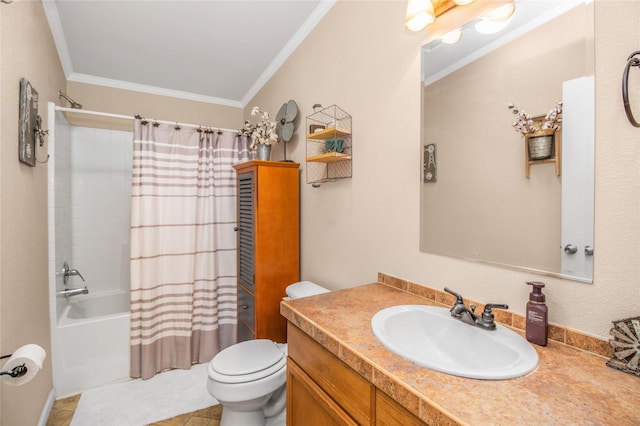 full bathroom featuring ornamental molding, shower / bath combo, vanity, and toilet