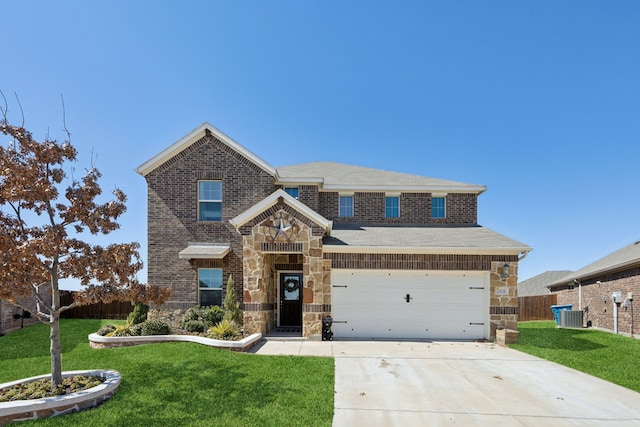 traditional-style home with a front yard, stone siding, fence, and concrete driveway