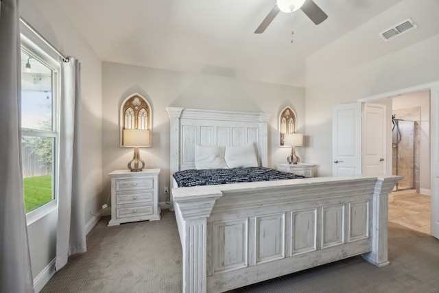 bedroom featuring a ceiling fan, baseboards, visible vents, and carpet flooring