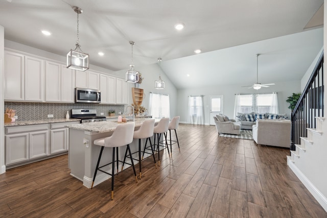 kitchen with stainless steel appliances, a kitchen island with sink, plenty of natural light, and dark wood-type flooring