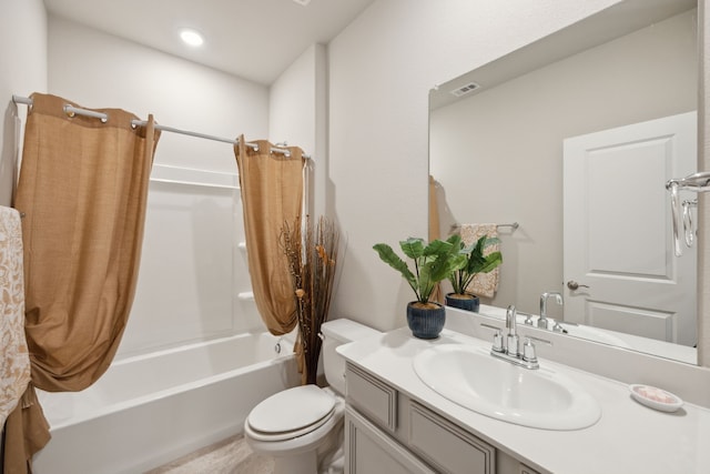 full bath featuring visible vents, shower / bathtub combination with curtain, toilet, and vanity