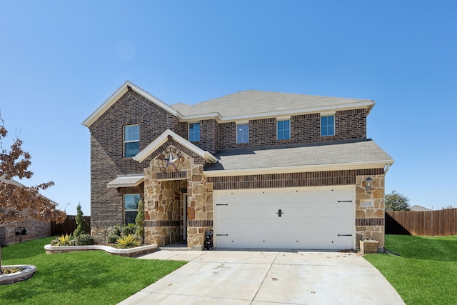 view of front facade featuring fence, a garage, stone siding, driveway, and a front lawn