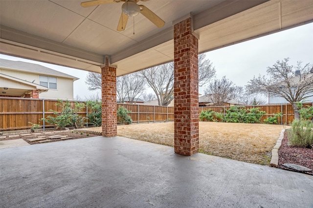 view of patio / terrace featuring ceiling fan and a fenced backyard