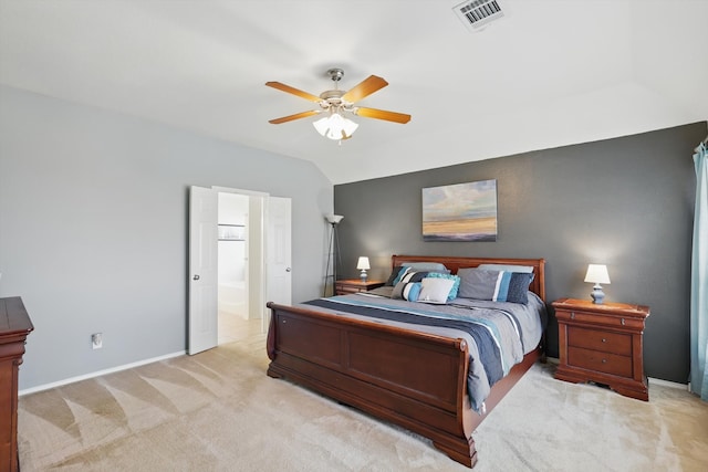 bedroom with visible vents, ceiling fan, baseboards, lofted ceiling, and light carpet